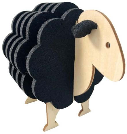 Sous-verres en feutrine de mouton - Ensemble de 6 sous-verres en laine de mouton pour boissons de table de café, absorbants avec support, décoration en laine pour tasse d'agneau (Noir)