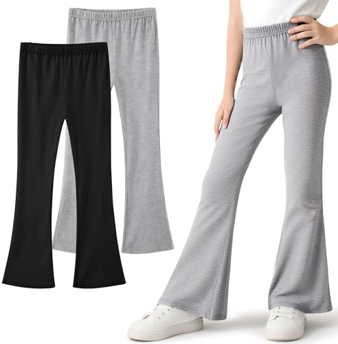 Domueay Leggings Flare pour Fille, Lot de 2, Coton Bootcut Legging 5-16 Ans | Respirant Elastique Doux Couleur Unies Pantalon évasé, Enfant Vêtements Décontracté Danse Sport Scolaire Gymnastique Fitness