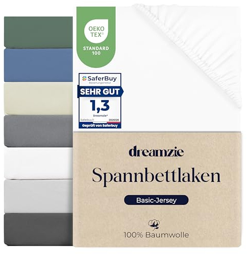 Dreamzie Sabana Bajera 120x190 / 120x200 Ajustable Algodon Jersey, Altura colchon 25 cm hasta 22 cm, Oeko-Tex Certificado, hipoalergenica, Blanco