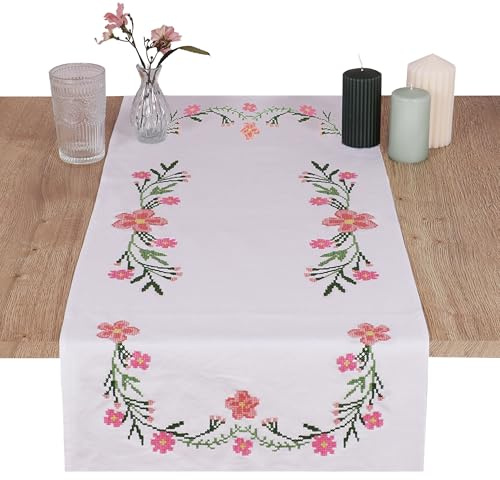 Trimits Kit de Broderie au Point de Croix – Chemin de Table – Comprend Tissu imprimé, Fils, Aiguille et Instructions (français Non Garanti), 40 x 100 cm, Marguerites