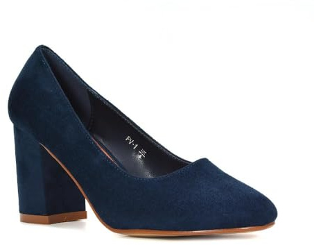Women's Court Shoes Ladies Classic Round Toe Dress Shoes Navy Faux Suede Office Party Block Heel Pumps Size 6