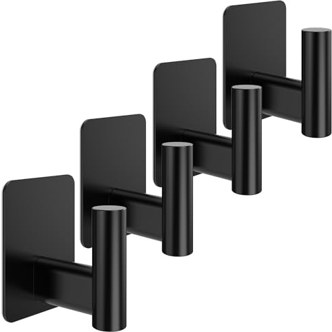 Menz Toallero sin taladrar, 4 unidades, ganchos para toallas de acero inoxidable, elegantes ganchos adhesivos para baño, alta capacidad de carga, ganchos impermeables para cocina y baño, color negro