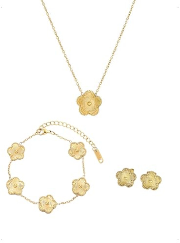 KONFEN 3 Piezas Pulsera Mujer Collar Pendientes Trébol de Cinco Hojas Set, Titanio Chapado en 18K, Pulseras Ajustable Amuleto de la Suerte, Bracelet Joyería Romántico Diaria Elegante Joyas, Dorado
