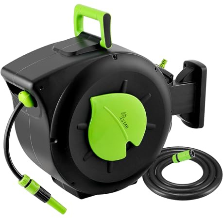YESTAR Carrete de manguera de 25 m + 2 m, montaje en pared, caja de manguera con enrollado automático y giratorio 180°, incluye jeringa y ayuda de montaje, para riego de jardín y lavado de coches