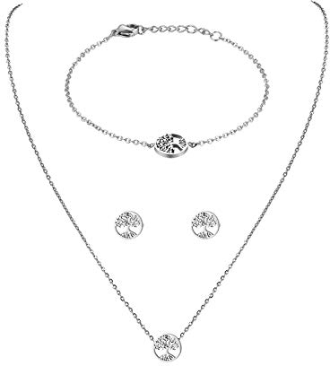 Flongo 3 Parures Simple Unique pour Femme Fille, Bracelet Collier Boucles d'oreilles Pendante Arbre de Vie Acier INOX Poli Couleur Argent Fantaisie Cadeaux Noël Saint-Valentin