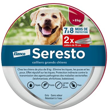 Seresto Collier Grands Chiens – 2 Protections anti puces et anti tiques pour grands chiens de plus de 8 kg – Collier Seresto pour chien 7 à 8 mois de protection, réduit le risque de leishmaniose –Gris