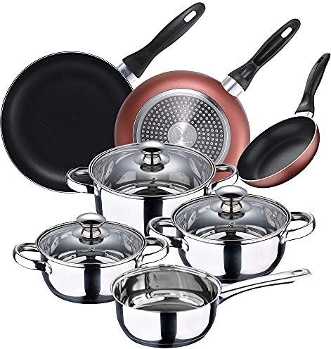 San Ignacio Bateria 5pcs acero inoxidable: cazo Ø16x7,5 Cacerolas de Ø18x8,5 y Ø20x9,5 cms., inducción + Set 3 sartenes Ø16/20/24 cm, aluminio prensado, aptas para inducción, PK3367