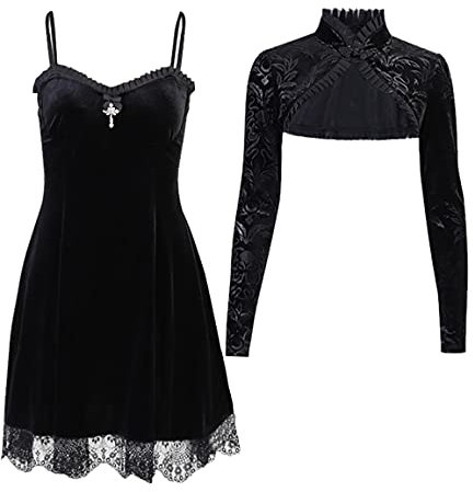 2-teiliges Set Vintage Gothic Kleid und Umhang Frauen Herbst Winter Spitze Samt Elegant Retro Kleider, Zweiteilig, 46