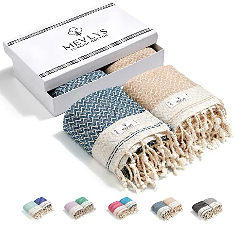 MEVLYS Saunatuch Hamamtuch [2er Pack] Strandtuch Saunahandtuch Badetuch Duschtuch Strandhandtuch Picknickdecke Yogatuch Baumwolle Extra Leicht Damen&Herren (Petrol Blau/Pastellbeige)