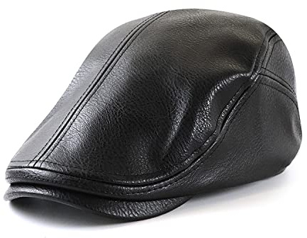 Ueither Casquette Béret Plate Homme Réglable en Cuir PU Newsboy Ivy Golf Chapeau 56-60 CM (Noir)