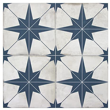 The Tiles Plaza Encaustic Peel and Stick Backsplash, Blue Star Patterned Vintage Stick on Tiles, Stone Composite Self-Adhesive Wall Tile Sticker for Kitchen Bathroom Fireplace Stairs, 10 Sheets