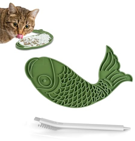 Licking Mat for Dogs and Cats,Fish-Shaped Cat Slow Feeders Lick Mat, Non-Slip Slow Feeders Licking Mat with Suction Cups for Reducing Boredom, Great for Bathing and Grooming（Green）