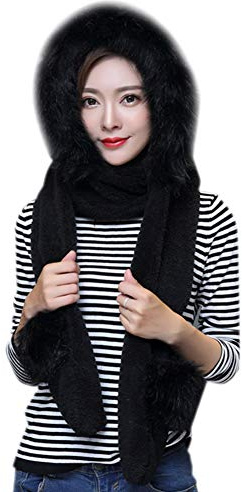 Women Girls 3-in-1 Winter Warm Faux Fur Hooded Scarf Gloves Set With Fleece Trapper Long Earflaps, Mittens, Cold Weather Earmuff, Snood, Pockets, Windproof Shawl Wrap Costume