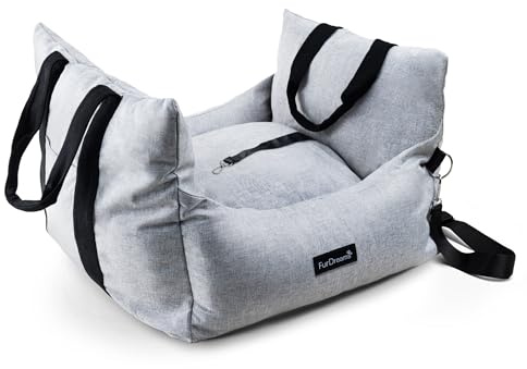 Furdreams Cosy Travel Pet Bed - Portable Car Seat Booster & Carrier - Short & Long Strap, Pocket, Safety Leash, Removable Cushion & Waterproof Base - For Dog & Cat, Easy to Carry (Grey, One Size)