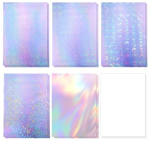 12 Blatt Hologrammfolie Aufkleberpapier A4 Hologramm Papier Klare Vinyl Bedruckbares Glitzerpapier Selbstklebendes Holografisches Wasserfest Laminatfolie für Heimwerker Basteln 6 Stile