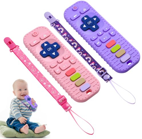 Aolso Baby Beißspielzeug, 2 Stück Baby Fernbedienung Beißring, Silikon-Beißspielzeug, Beißspielzeug mit 2 Stück Schnullerclip, Zahnen Nursing Zubehör für Baby (Pink/Lila)
