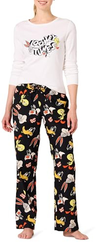 Amazon Essentials Damen Schlaf-Set leichte Flanellhose und langärmeliges-T-Shirt, Looney Tunes Gang – Damen, S