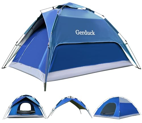Gerduck 3 in1 Camping Zelt,2/3/4 Personen Pop Up Zelt in blau,Automatisches Sofortzelt Wasserdicht Anti-uv Kuppelzelt Familie,4 Jahreszeiten Licht tragbar Wurfzelt