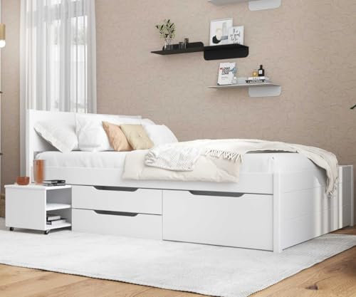Inter Link - Bett mit Schubladen - Doppelbett 140x200 cm – Kojenbett mit Stauraum – Kiefer massivholz – 2 Schubladen und 1 Schubkasten – Inkl Lattenrost – Weiß lackiert – Efetivo 140x200cm