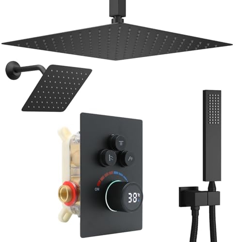 Delnet Dual Shower Heads Digital Display Shower Mixer Set, with 12 Ceiling Mounted Rain Shower Head & 6 Wall Mounted Head, 3 Way Outlet Digital Display Shower Valve, Matte Black