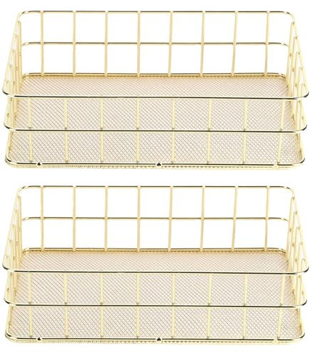 Wire Mesh Basket, Golden Desktop Metal Storage Basket Iron Grid Storage Tray Net Basket Storage Bins for Home Cosmetic Stationery (2pcs 24.5x16.5x6.5cm)