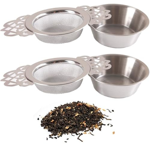 2 Pack Tea Filter with Drip Bowls,Tea Strainers Stainless Steel Strainer for Loose Tea Leaf FilterLace Double Handles Traditional Loose Leaf Tea Strainer Ultra Fine Mesh Tea Infuser