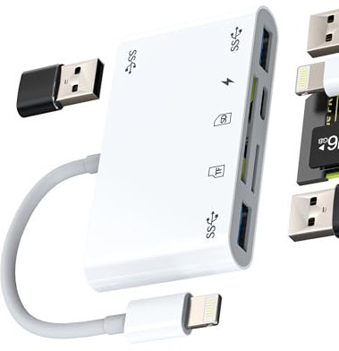Adaptador Lightning a USB OTG 3.0(6en1)lector Tarjetas SD Micro SD para iPhone14 13 12 11 Pro Max Cargador Cable Certificado MFI para Apple para iPad Digital Cámara TF Memoria Card Reader Multipuerto