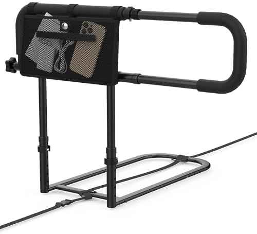 Bed Rail for Older Adults - Adjustable Bed Help Rail with Storage Pocket and Safety Strap, Tool-free Mounting, Non-slip Handle, Fits Twin/Full/Queen/King Size Beds