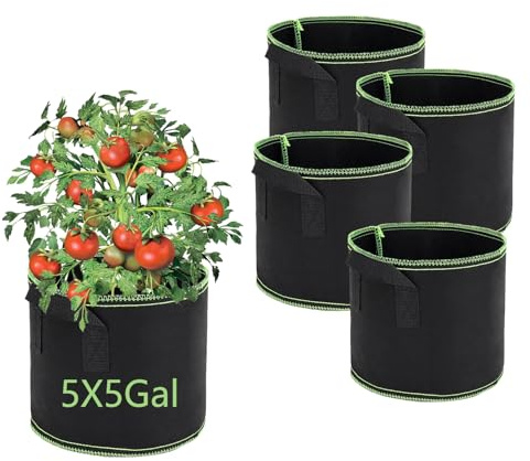FELINAT Juego de 5 macetas de tela de 19 L (gal), saco de plantas con asa, macetas de tela transpirable para jardín, balcón, terraza, macetero para verduras, flores, hierbas
