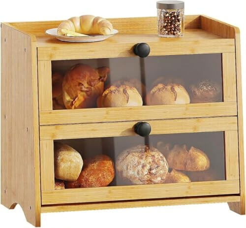 BAMBANG Bread Bin for Kitchen Countertop,Extra Large Bamboo Bread Box Storage Container for Homemade Bread, Double Layer Sourdough Breadbox,Wooden 2 Tier Bread Bin Organizer,Natural
