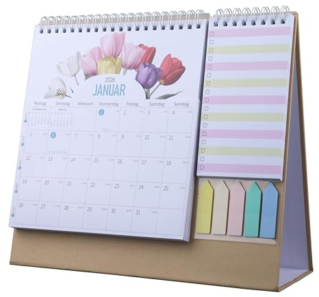 AMO HERMOSO Tischkalender 2026, Kalender 2026 Schreibtischkalender Desktop Monatskalender Januar bis Dezember mit Tasche, Mini Notizen und Farbigen Etiketten, To-Do-Liste für Büro Zuhause