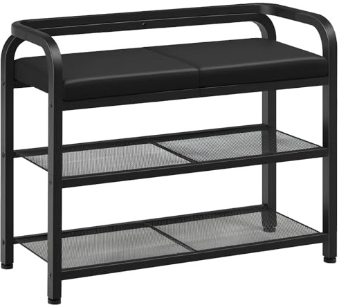 YATINEY Banc Chaussures, Banc à Chaussures avec Dossier, 2 Étagères de Chaussures, Siège Rembourré en PU, Banc à Chaussures Rembourré, pour Entrée, Couloir, Chambre, Noir HX04BB