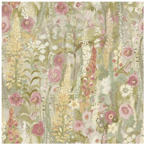Full Roll Lupin Sage Green Pink Wallpaper Multicoloured Floral Watercolour - Washable Peelable 10.05m x 53cm Roll - Contemporary Versatile - Feature Statement Wall - Bedroom Dining Room Living Room