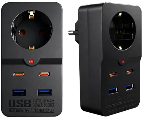 USB Steckdose, 5-in-1 USB Stecker Steckdose mit 2 Typ-A 2,4A