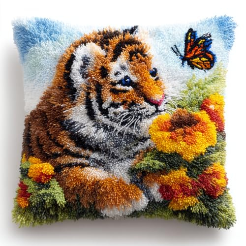 YarnAdventures animale Kit di Ganci a Chiusura per Cuscino,Farfalla e tigre,fai da te Kit di cuscini ad ago gancio di chiusura Tappetino per cuscino,43x43cm