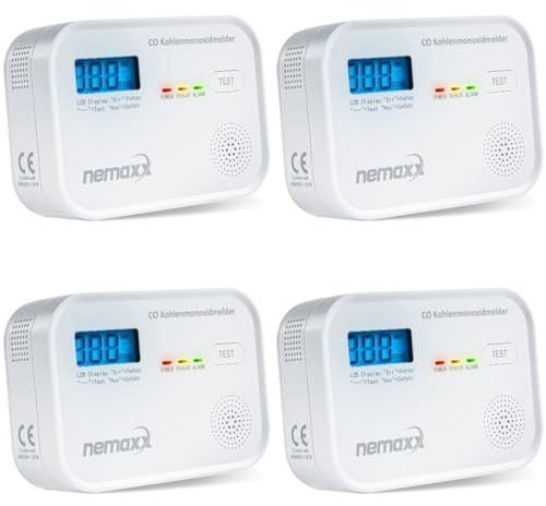 NEMAXX® CM18 Kolmonoxidvarnare/CO-Alarm med LCD-Display – 85 dB, Elektrokemisk Sensor, EN 50291-1:2018, Testknapp, 3× AA LR6 Batterier, Produktlivslängd 10 År – 4-Pack