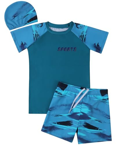 Valcatch Boys Swimming Costume 3 Piece Short Sleeve Swim Set, 10-11 Years