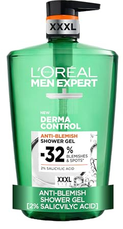 L'Oréal Men's Shower Gel, Men Expert Derma Control Anti-Blemish Body Wash 1L Pump, Prevents Spots & Reduces Blemishes, Dermatologically Tested for Sensitive Skin, XXL Size