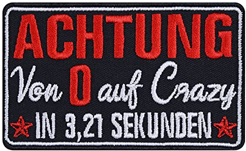 ATTENZIONE DA 0 A CRAZY in 3,21 secondi - Toppa termoadesiva Biker Patch Immagini da stirare - Emblema per giubbotto Heavy Metal - Applicazione regalo da stirare - 90x55mm