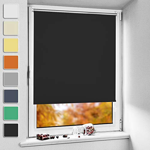 NoCon Verdunklungsrollo Klemmfix ohne Bohren & mit Bohren ● Schwarz 75x200cm (BxH) ● Thermorollo Klemmrollo Fensterrollo Sonnenschutz Sichtschutz, Rollos für Fenster und Tür