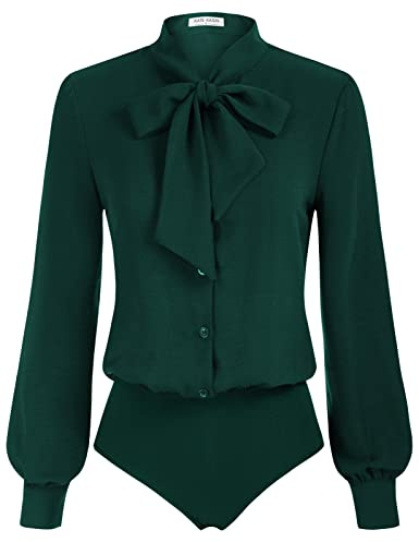 Kate Kasin Women Emerald Green Bodysuit Long Sleeve Body Suits Blouse Dressy Casual Button Down Collared Shirts Fall Tops S