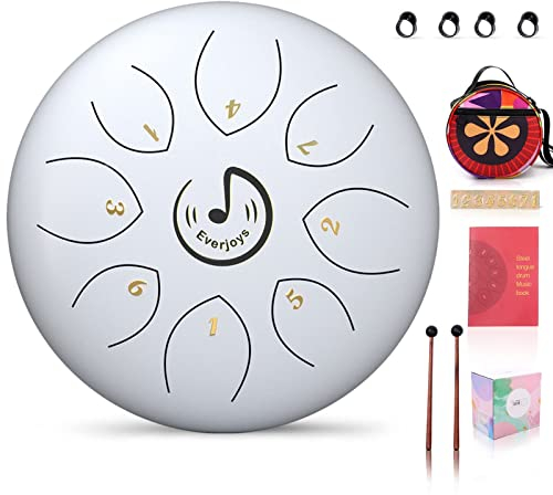 Rain Drum for Outdoor- Steel Tongue Drum 6 Inch 8 Tone C-Key Trommel HandPan Zungentrommel with Drum Beaters Carry Bag Music Book for Meditation Yoga Sound Healing (White)