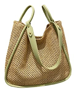 Ulisty Damen Künstliches Stroh Strohtasche Weben Tragetasche Sommer Strandtasche Shopper Umhängetasche Oberer Griff Tasche Handtasche 2 Stück Set grün