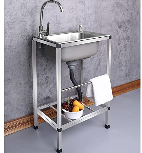 EMISOO Évier INOX De Cuisine Indépendant, Evier Exterieur sur Pied Évier Utilitaire avec Robinet Support, Évier De Restaurant 1 Bac, Évier De Jardin Station De Nettoyage Lavabo (Color : Single Cold,