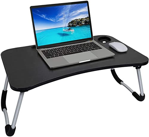 Bärbart sängskrivbord för bärbar dator, sängbord för bärbar dator, hopfällbart knäskrivbord med kopphållare – laptopstativ frukostbricka för säng, soffa, skriva, äta.