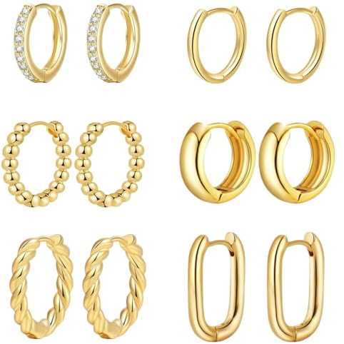 jagosen 6 Pairs 9ct Gold Hoops Earrings For Women Hypoallergenic Chunky Huggies Hoop Earrings Set For Women Lightweight Gold Plated Statement Cartilage Stackable Earrings Gold Jewellery Set