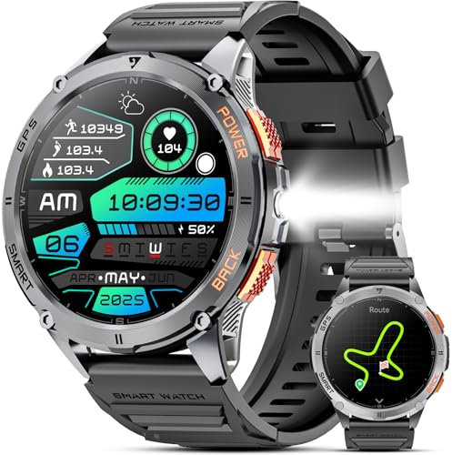 GPS Smart Watch for Men, 1.43''AMOLED Smartwatch with Answer/Make Call, 170 Sports Modes, Compass, LED Flashlight, Heart Rate, Stress Monitor Sports Watch, IP68 Waterproof Watch for Android iOS