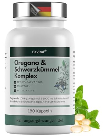 EXVital® Oregano- & Schwarzkümmelöl Komplex, 180 vegane Kapseln, 100 mg Oreganoöl & 1000 mg Schwarzkümmelöl pro Tag, 80% Carvacrol, hochdosiert & Ohne Zusätze