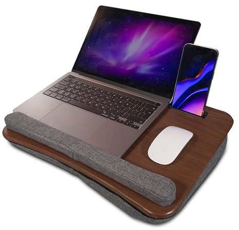 Bäst för laptopbricka med solid skumkudde. Surfplatta, telefonhållare, bärhandtag, två fickor, träkornseffekt, lätt, resor, hemmakontor, hantverk, användning i säng, soffa, passar upp till 16,5 tum