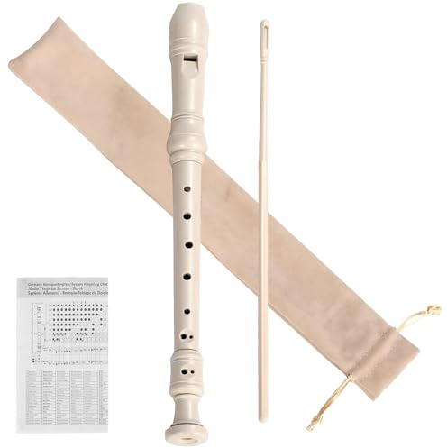 Flauta Dulce Soprano en Do (C) para Niños y Principiantes – Digitación Alemana, 8 Agujeros, 3 Piezas con Varilla de Limpieza, Bolsa de Algodón y Tabla de Digitación – Instrumento Musical Escolar Beige